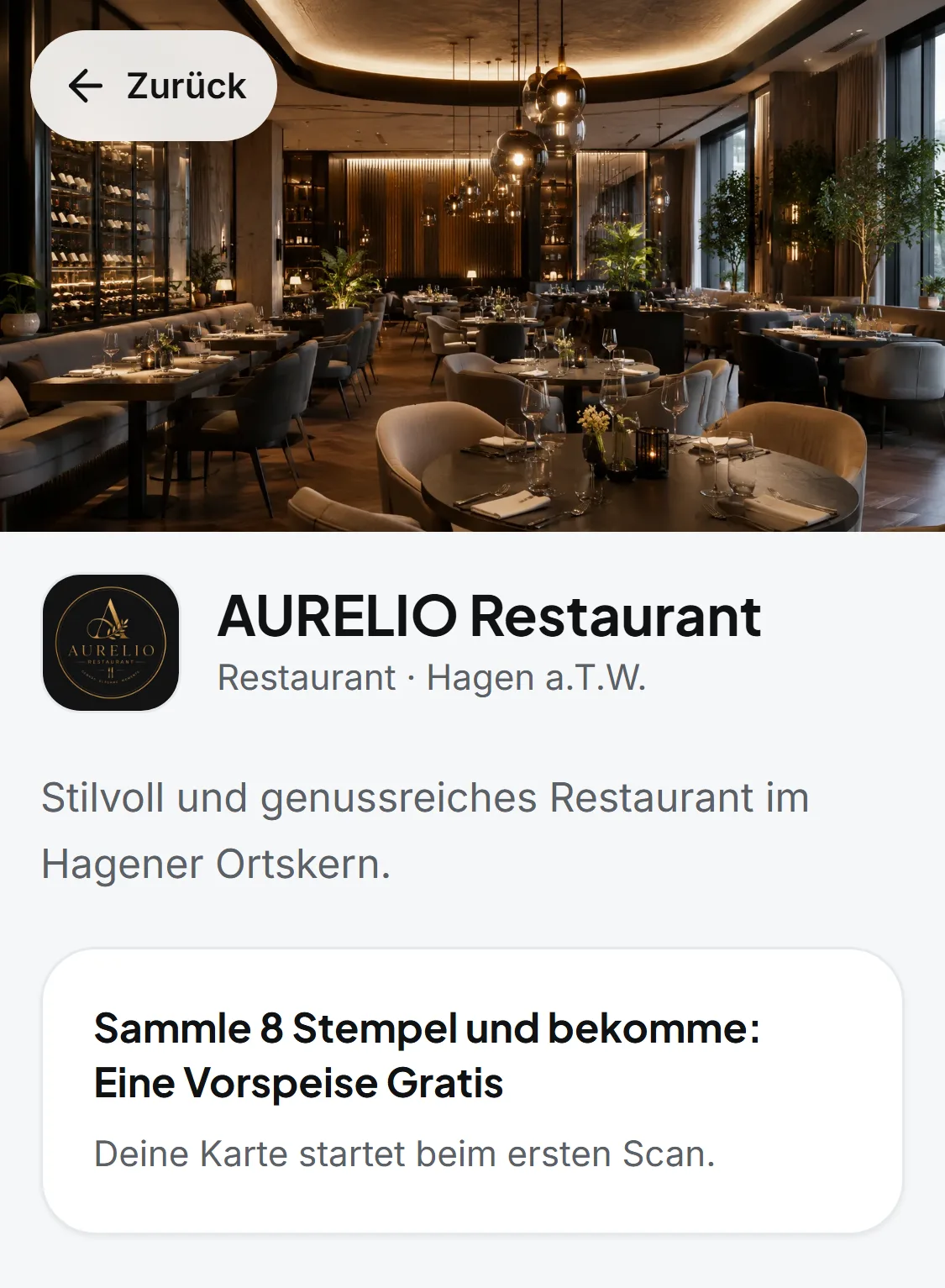 Screenshot aus der StempelBonus-App: Ladenseite des AURELIO Restaurants mit dem Angebot „Sammle 8 Stempel und bekomme: Eine Vorspeise gratis“.