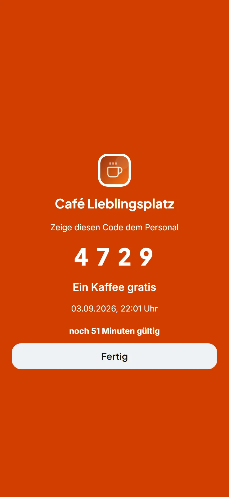 Kunden-App, Einlösen: ein vierstelliger Code auf orangem Grund, eine Stunde gültig.