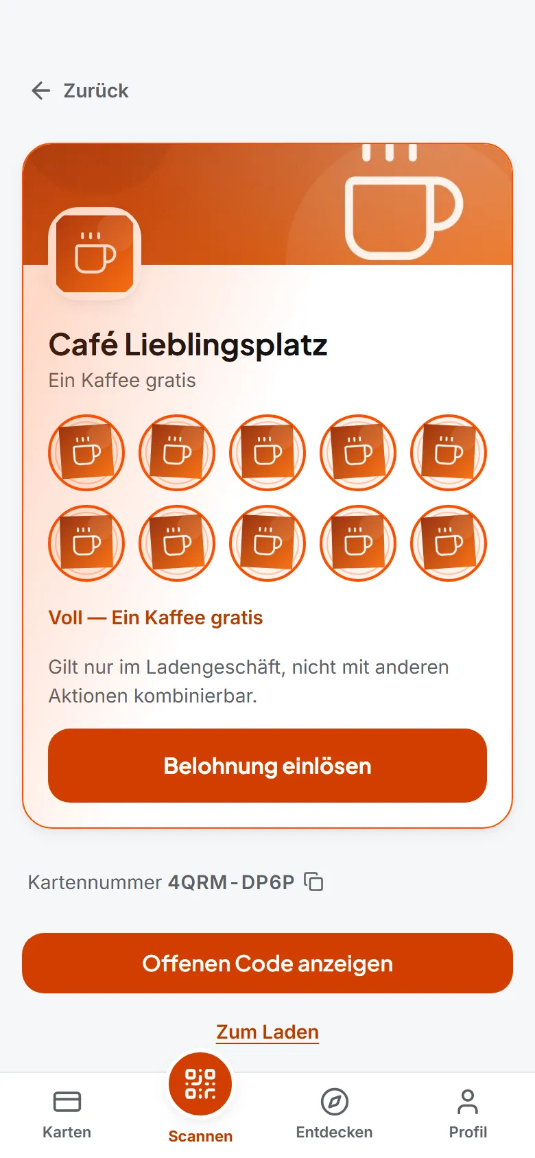 Kunden-App, Stempelkarte von Café Lieblingsplatz: zehn von zehn Stempeln, die Belohnung kann eingelöst werden.