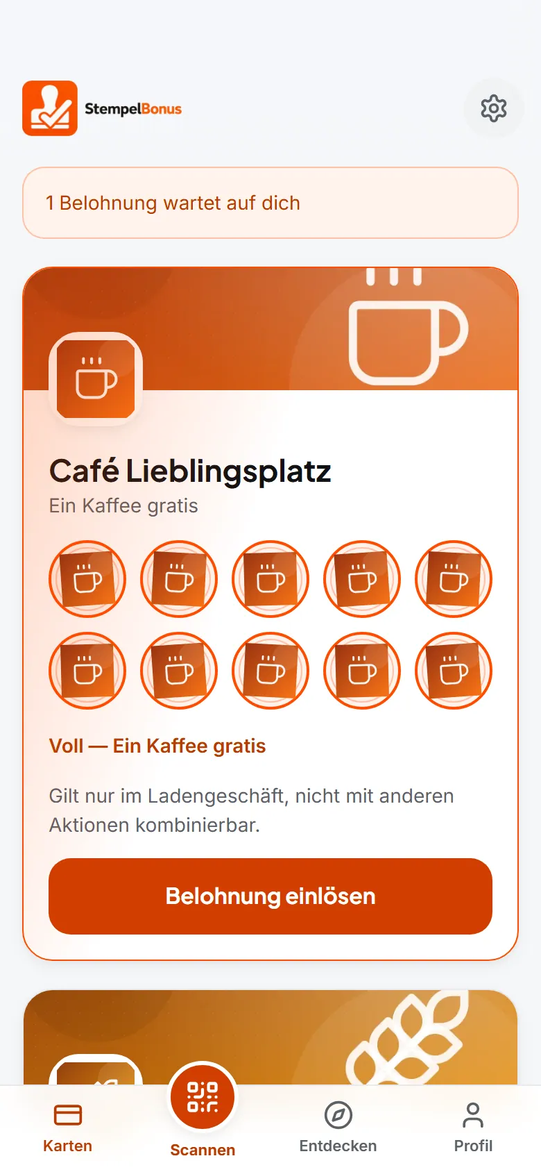 Kunden-App, Meine Karten: drei Stempelkarten von Café Lieblingsplatz, Trattoria Da Nino und Bäckerei Kornfeld, eine davon voll.