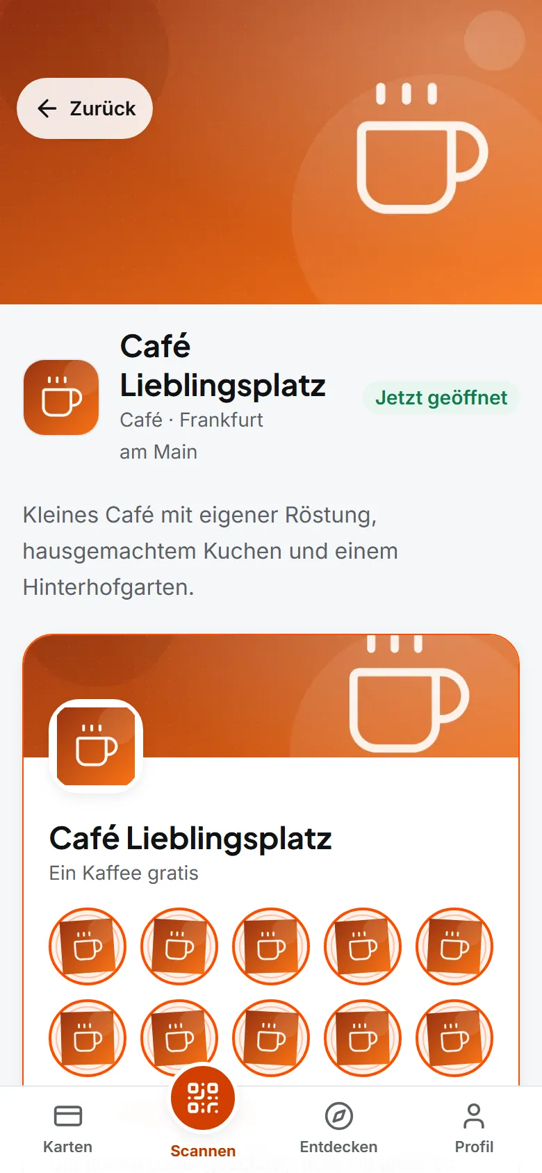 Kunden-App, Ladenseite von Café Lieblingsplatz mit Titelbild, Öffnungsstatus und der eigenen Stempelkarte.