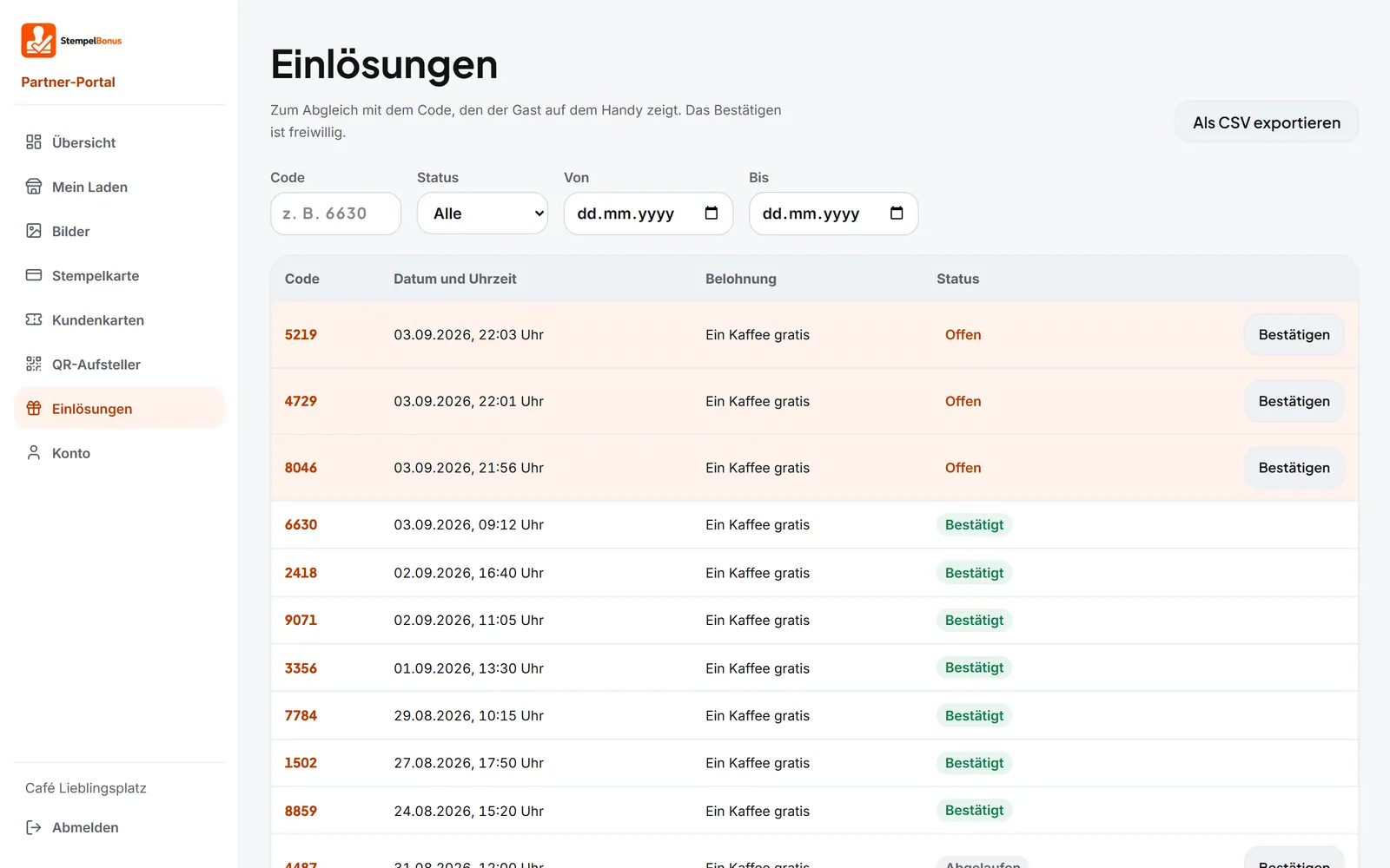 Partner-Portal, Einlösungen: Tabelle mit Code, Zeitpunkt, Belohnung und Status, offene Einträge mit Bestätigen-Button.