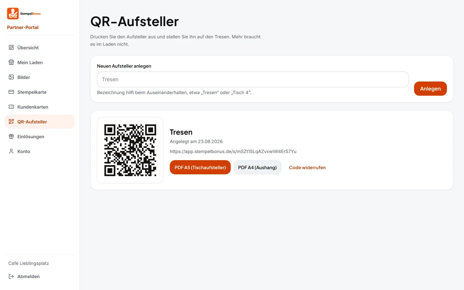 Partner-Portal, QR-Aufsteller: der QR-Code für den Tresen mit Buttons für das PDF in A5 und A4.