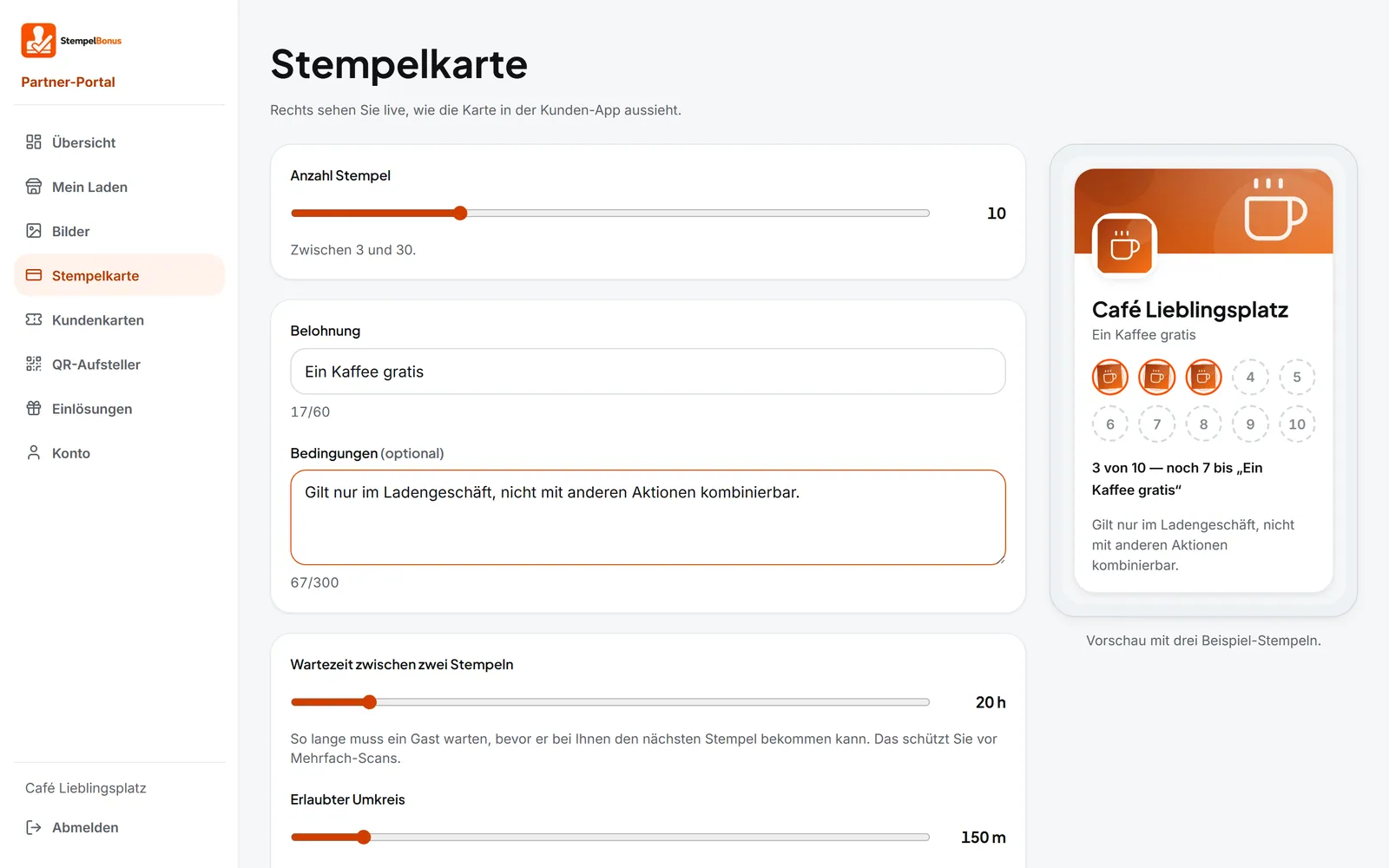 Partner-Portal, Stempelkarte: Regler für die Anzahl Stempel, Felder für Belohnung und Bedingungen, rechts die Live-Vorschau der Karte.